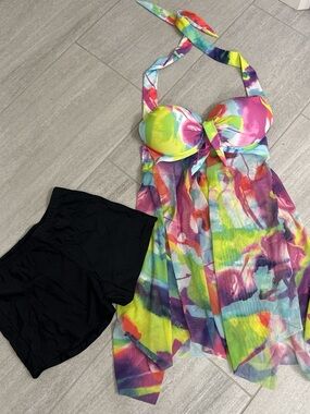 NWOT Multicolor Halter One-Piece with Black Swim Shorts